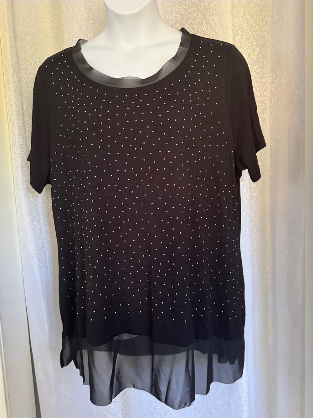 BELLDINI Black Short-Sleeve Studded Tee with Sheer Chiffon Hem Sz : 3X